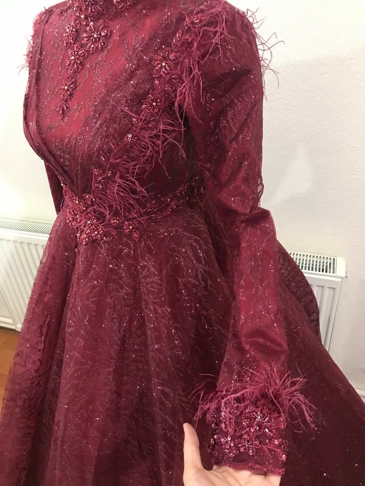 Bordo Uzun Kollu Nakışlı Kadın Kına Elbisesi - Görsel 3