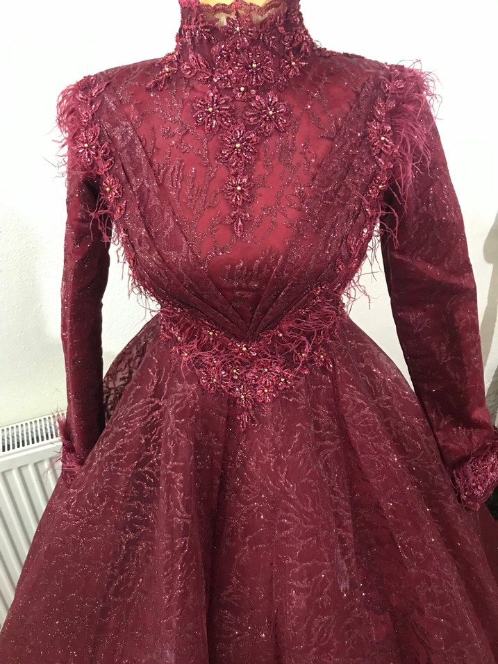 Bordo Uzun Kollu Nakışlı Kadın Kına Elbisesi - Görsel 2