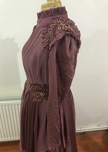 Uzun Kollu Mor Vintage Abiye Elbise - Görsel 3