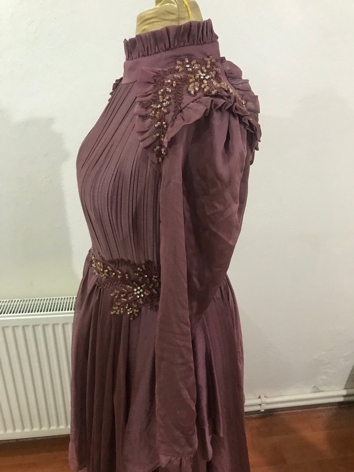 Uzun Kollu Mor Vintage Abiye Elbise - Görsel 3