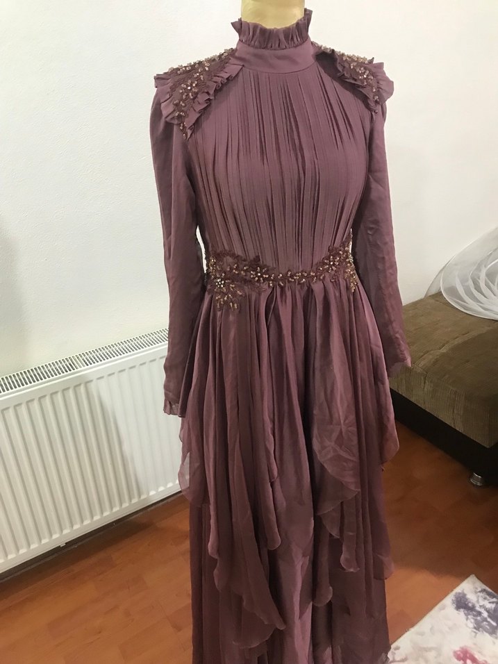 Uzun Kollu Mor Vintage Abiye Elbise - Görsel 4