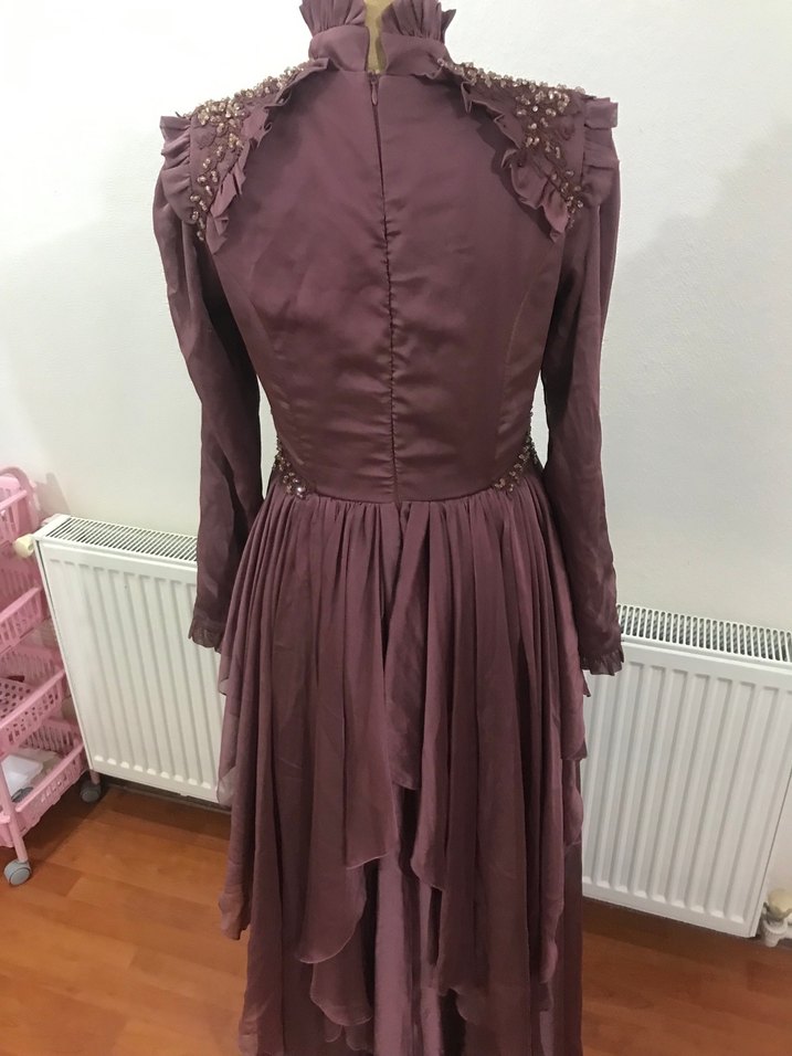 Uzun Kollu Mor Vintage Abiye Elbise - Görsel 2