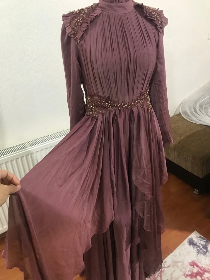 Uzun Kollu Mor Vintage Abiye Elbise - Görsel 5