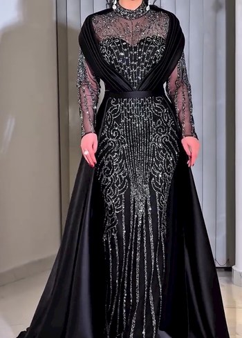 Abiye Uzun Siyah Gotik Dantel İşlemeli Abiye Elbise