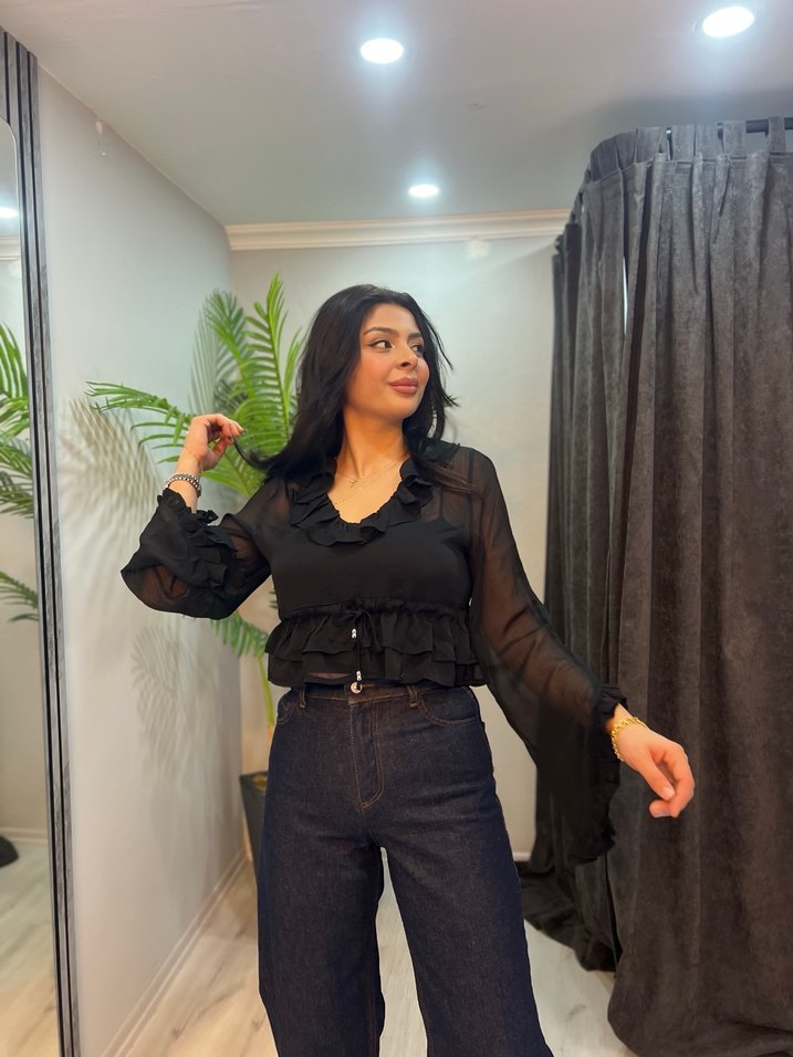 Kadın Siyah V Yaka şifon yarasa Kollu Bluz - Görsel 2