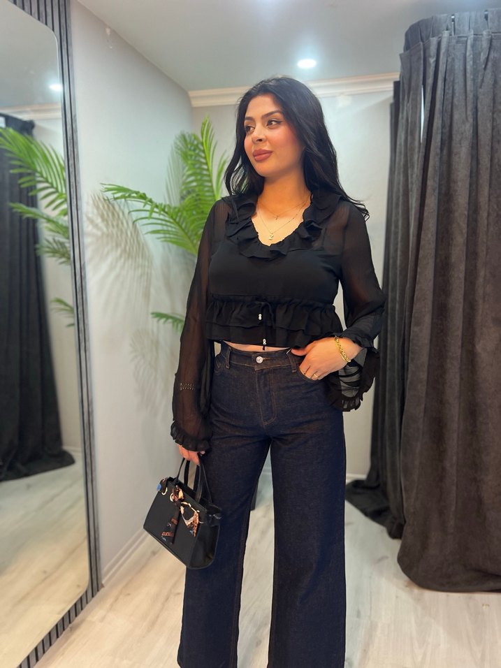 Kadın Siyah V Yaka şifon yarasa Kollu Bluz - Görsel 3