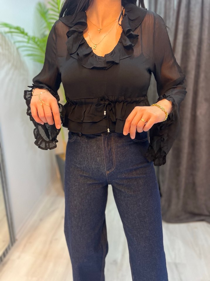 Kadın Siyah V Yaka şifon yarasa Kollu Bluz - Görsel 5