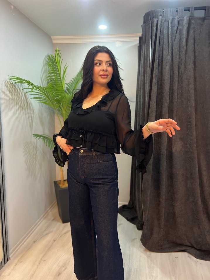 Kadın Siyah V Yaka şifon yarasa Kollu Bluz - Görsel 4