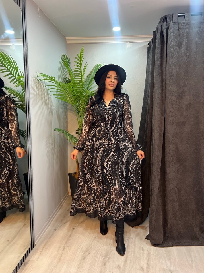 Siyah Etnik Desenli Uzun Bohem Elbise - Görsel 3