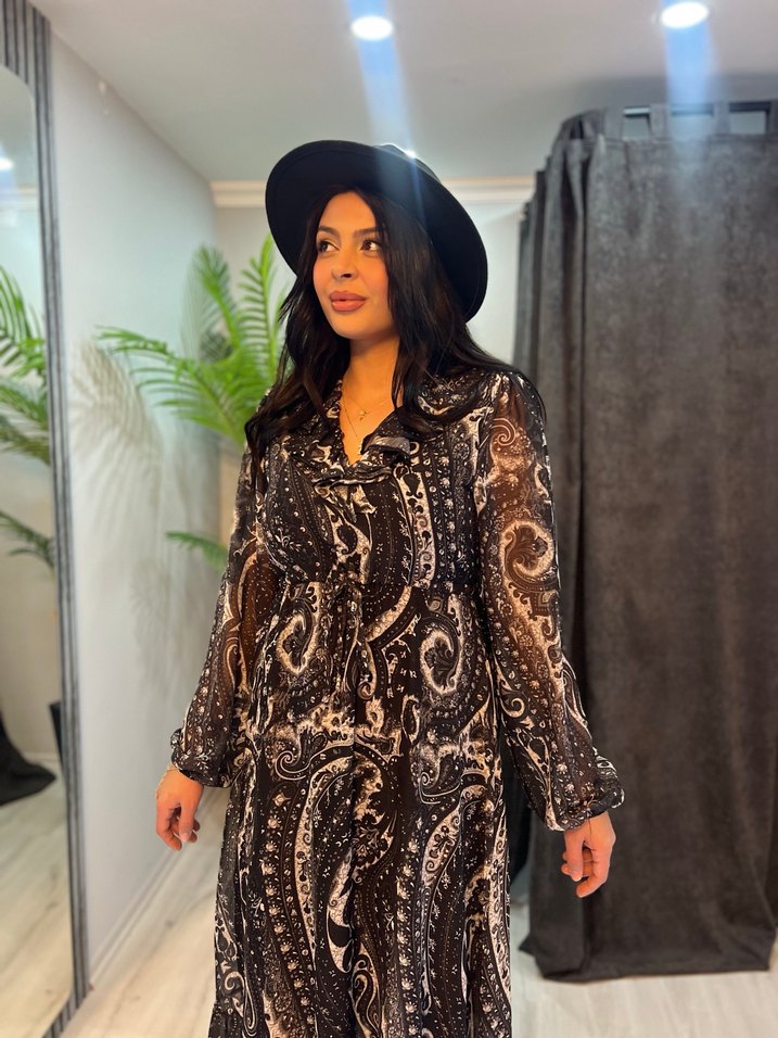 Siyah Etnik Desenli Uzun Bohem Elbise - Görsel 2