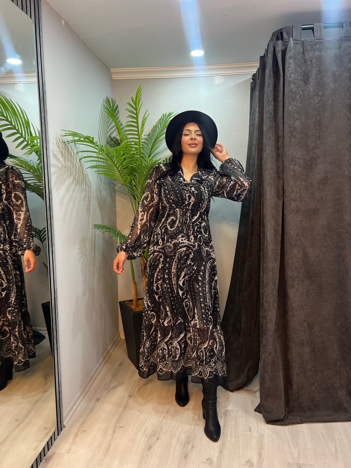 Siyah Etnik Desenli Uzun Bohem Elbise - Görsel 4