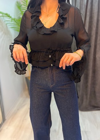 Kadın Siyah V Yaka yarasa kol şifon Bluz - Görsel 3