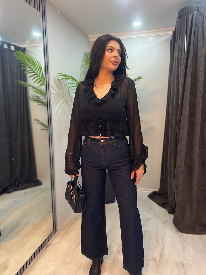 Kadın Siyah V Yaka yarasa kol şifon Bluz - Görsel 4