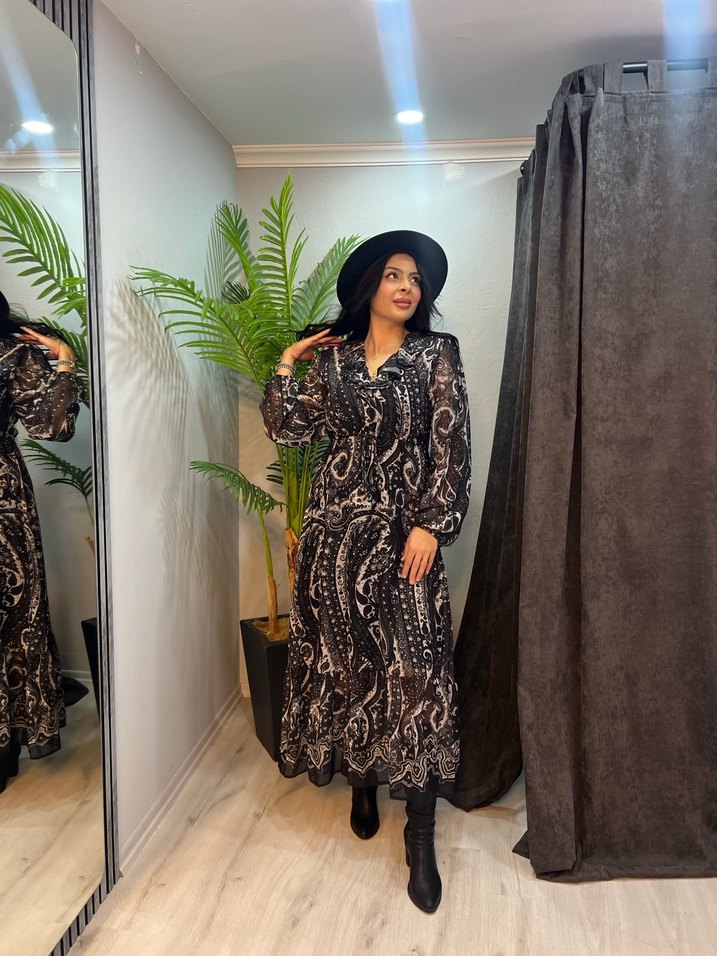 Siyah Bohem Uzun Kollu V Yaka Elbise - Görsel 2