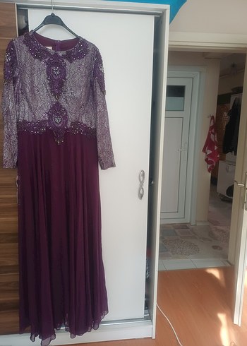 Mor Uzun Kollu Vintage Abiye Elbise - Görsel 5