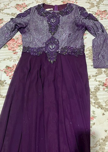 Mor Uzun Kollu Vintage Abiye Elbise - Görsel 3