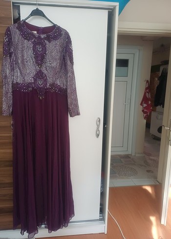 Mor Uzun Kollu Vintage Abiye Elbise - Görsel 4