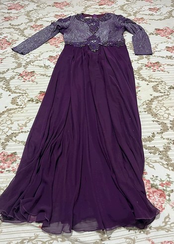 Mor Uzun Kollu Vintage Abiye Elbise - Görsel 2
