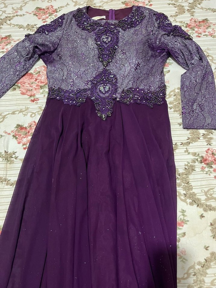 Mor Uzun Kollu Vintage Abiye Elbise - Görsel 3