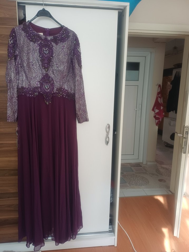 Mor Uzun Kollu Vintage Abiye Elbise - Görsel 4