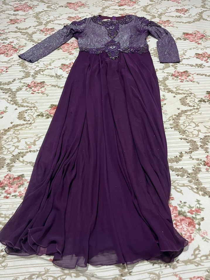 Mor Uzun Kollu Vintage Abiye Elbise - Görsel 2