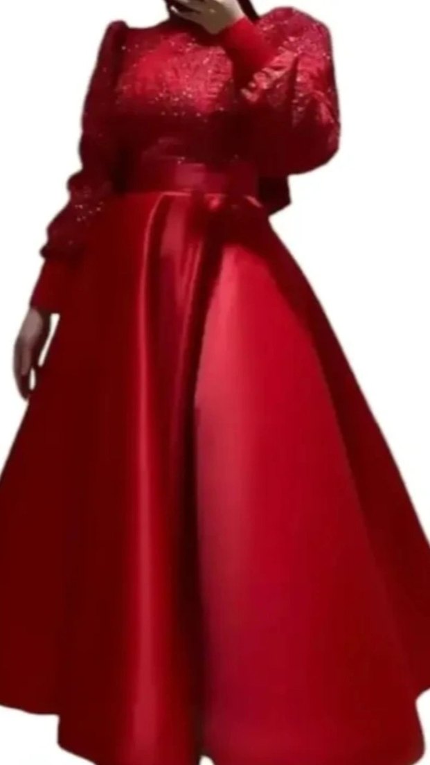 Betül Saday özel tasarım Şık Kırmızı Uzun Kollu Abiye - Görsel 3