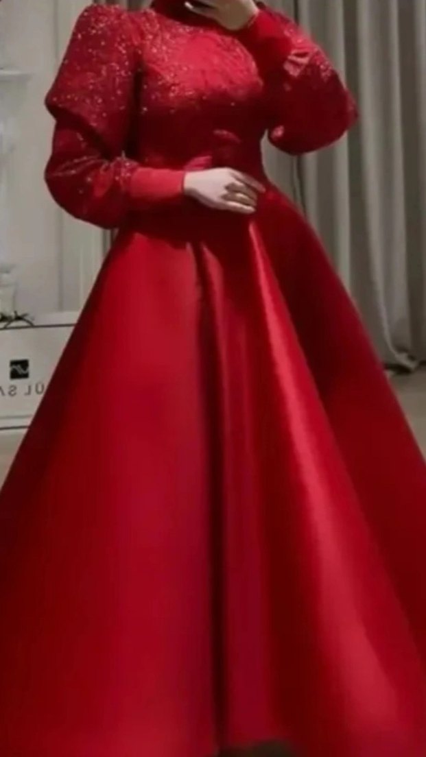 Betül Saday özel tasarım Şık Kırmızı Uzun Kollu Abiye - Görsel 4