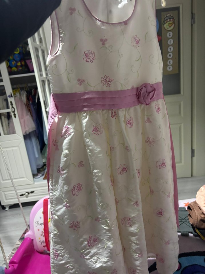 Kız Çocuk Beyaz V Yaka Pileli Elbise - Görsel 3