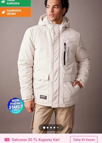 Fermuarlı Beyaz Erkek Midi Mont - Görsel 2