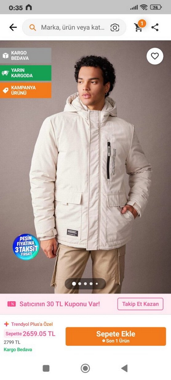 Fermuarlı Beyaz Erkek Midi Mont - Görsel 2