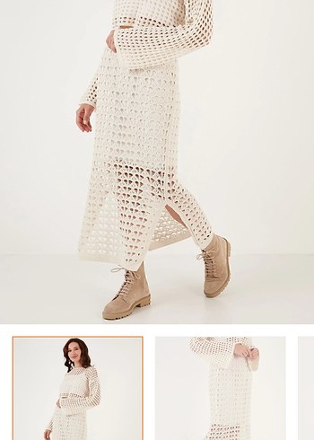 Bej Dantel Detaylı Örgü Uzun Etek - Görsel 5