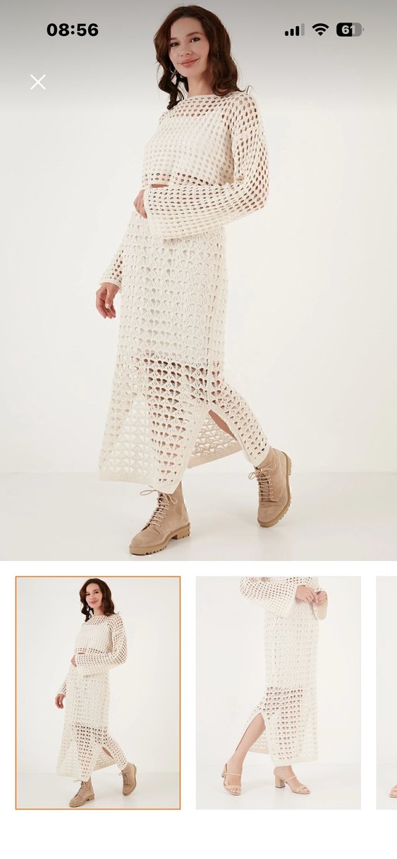 Bej Dantel Detaylı Örgü Uzun Etek - Görsel 5