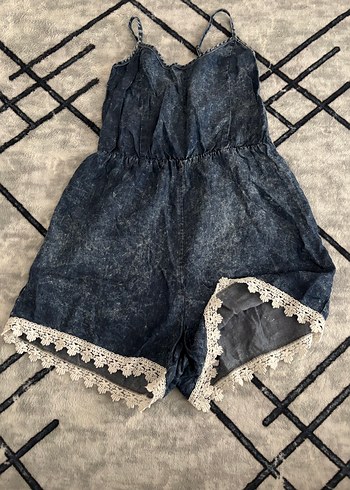 Dantel Detaylı Kısa Kot Tulum - Görsel 2