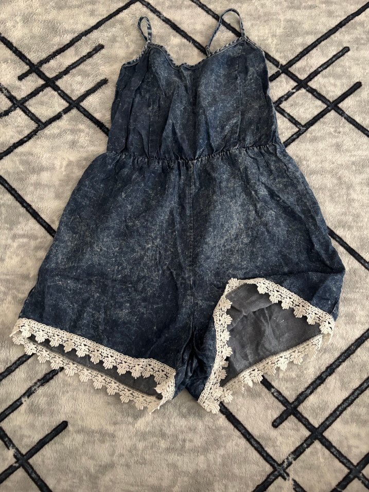 Dantel Detaylı Kısa Kot Tulum - Görsel 2