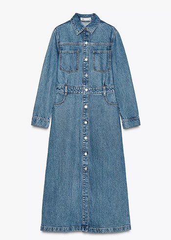 Zara Mavi Denim Uzun Gomlek Elbise