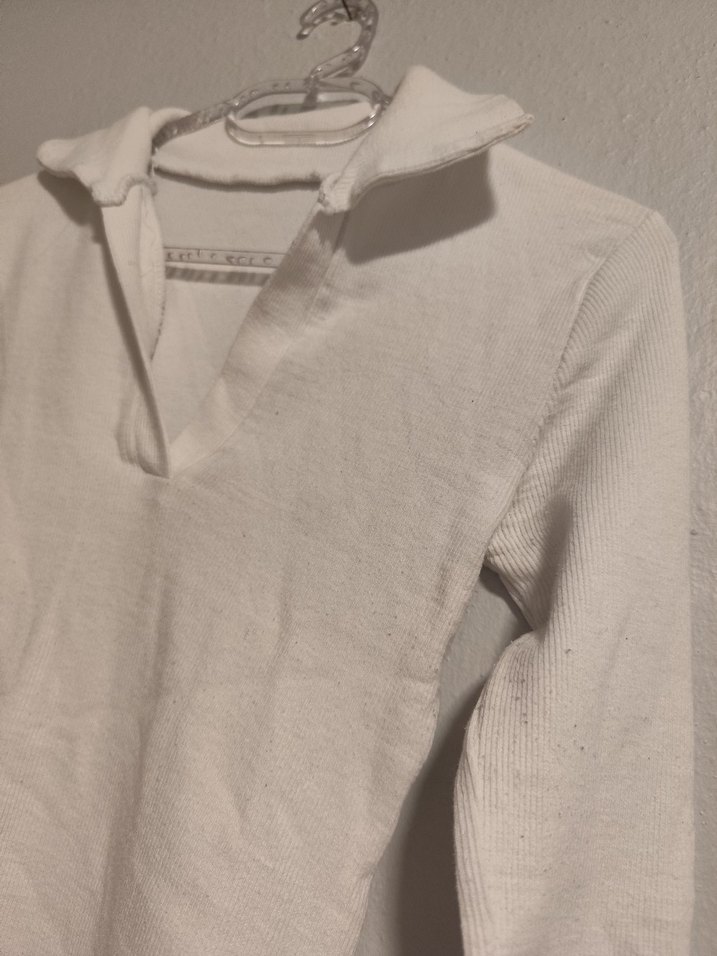 V Yaka Uzun Kollu Beyaz Kadın bluz - Görsel 2