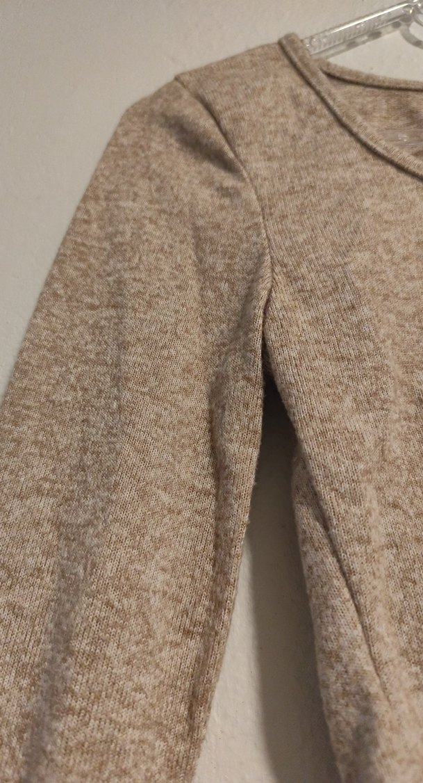 Bej Uzun Kollu Kadın Kısa Triko crop - Görsel 4