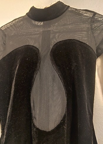 Uzun Kollu Yüksek Yakalı Siyah Transparan kadife Midi Elbise - Görsel 3