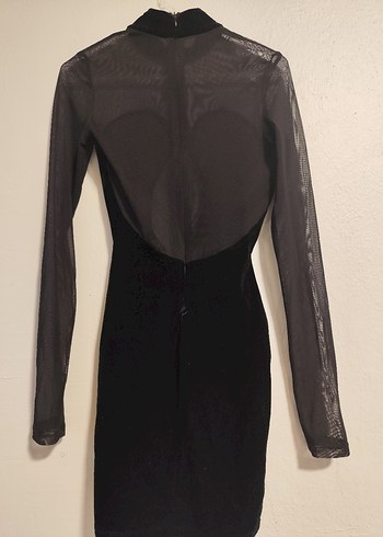 Uzun Kollu Yüksek Yakalı Siyah Transparan kadife Midi Elbise - Görsel 4