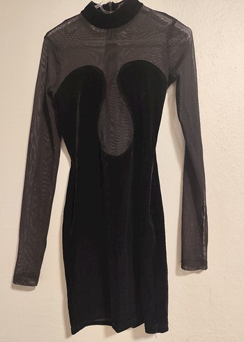 Uzun Kollu Yüksek Yakalı Siyah Transparan kadife Midi Elbise - Görsel 2