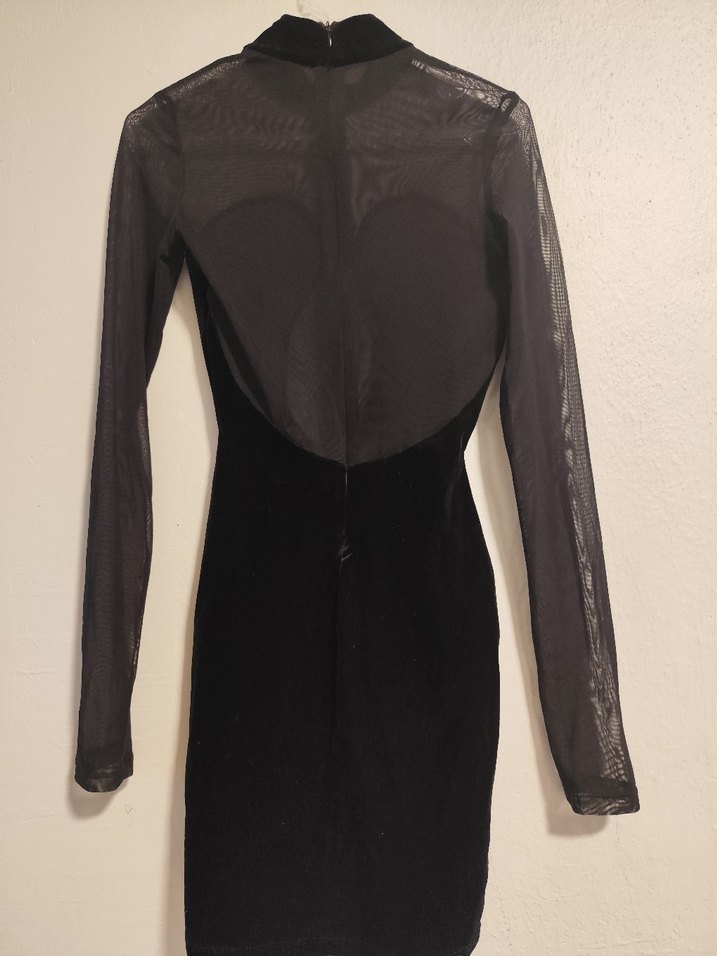 Uzun Kollu Yüksek Yakalı Siyah Transparan kadife Midi Elbise - Görsel 4