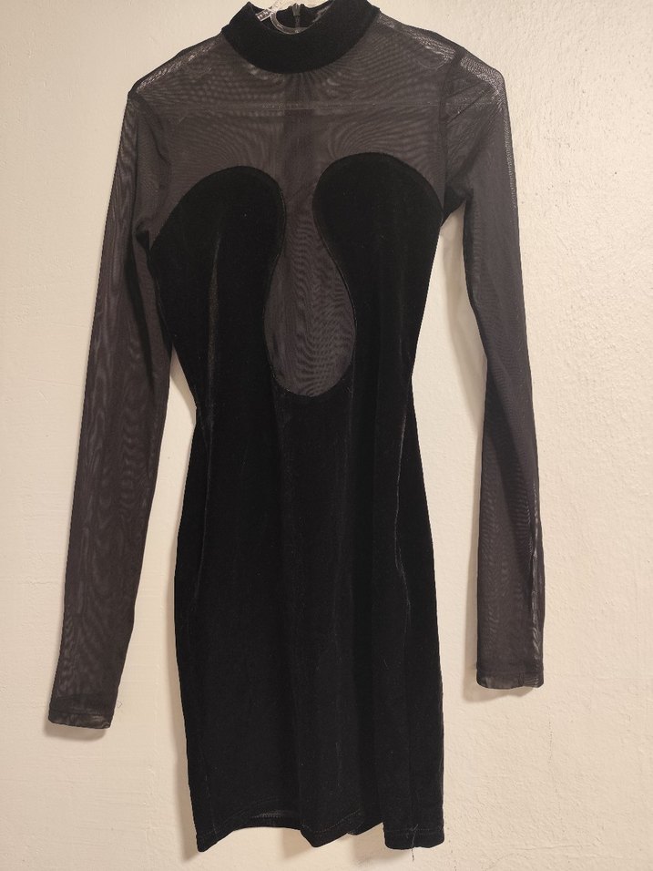 Uzun Kollu Yüksek Yakalı Siyah Transparan kadife Midi Elbise - Görsel 2