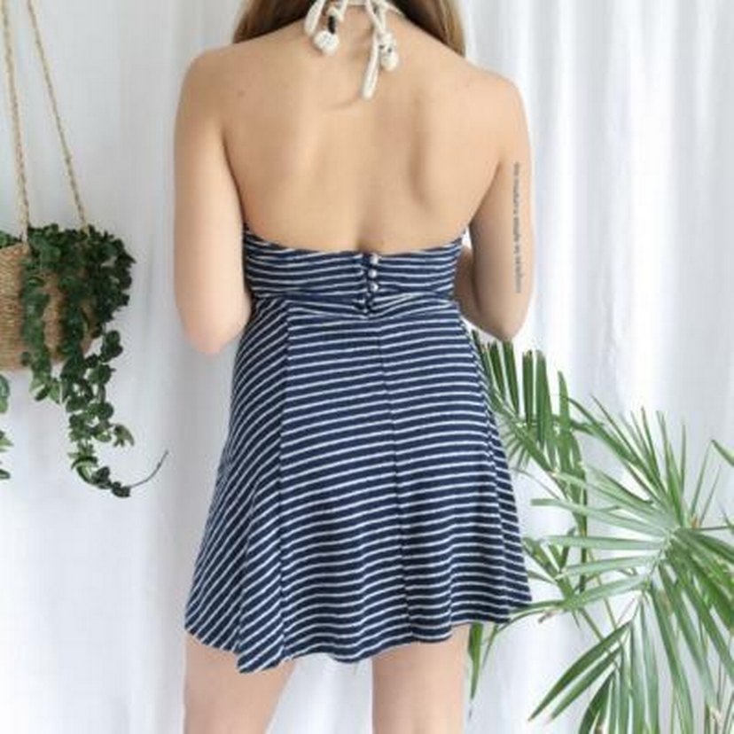 Lacivert Çizgili Pilili Midi Elbise - Görsel 4