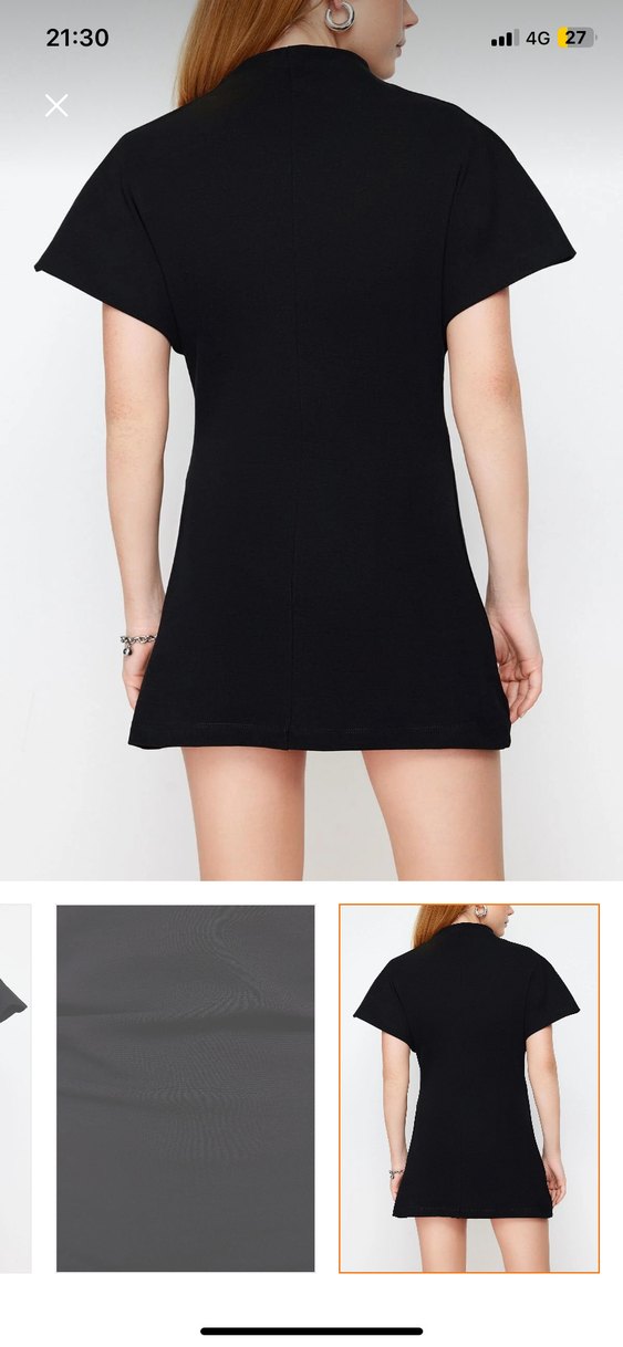 Siyah Mini Süet Elbise V Yaka Kısa Kollu - Görsel 2