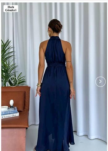 Uzun Lacivert Drapeli Saten Elbise - Görsel 3