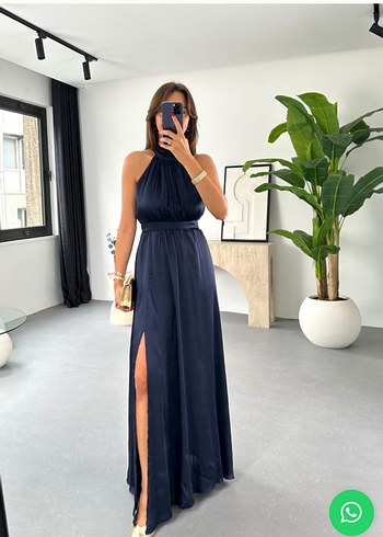 Uzun Lacivert Drapeli Saten Elbise - Görsel 2