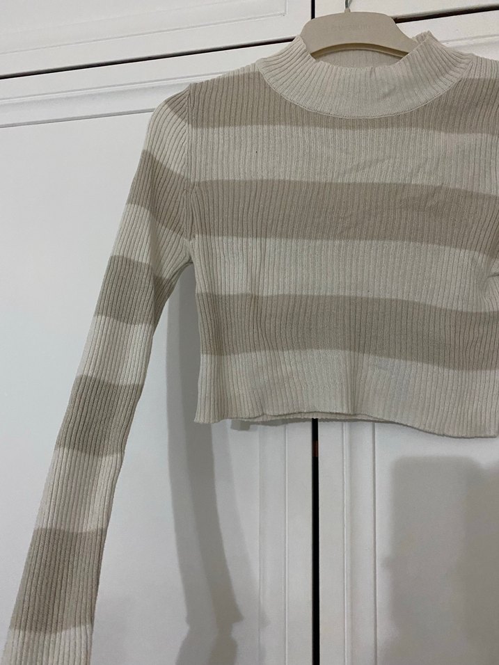 Bej Çizgili Uzun Kollu Triko Kazak - Görsel 3