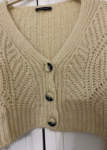 Bej V Yaka Örgü Kadın Hırka - Görsel 2