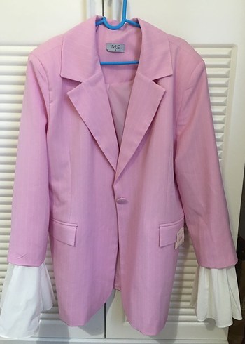 Pembe Düğmeli Kadın Keten Blazer Ceket