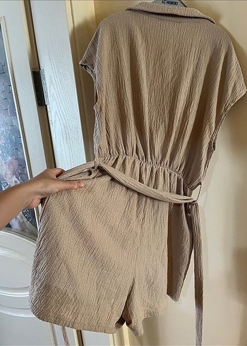 Bej Kısa Keten Tulum, Kemerli, Bol Kesim - Görsel 2